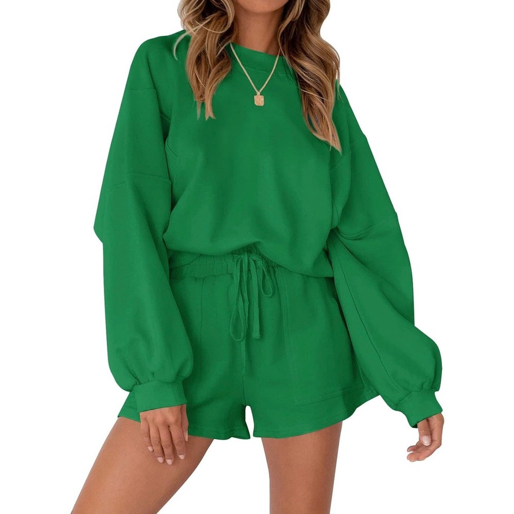 Merokeety Womens Green 2 Piece Lounge Set Oversized Sweatshirt and Shorts Size M